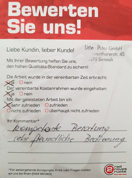 Ausgefüllte Kundenbewertung «Bewerten Sie uns!»