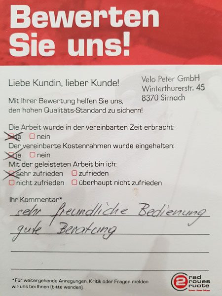 Ausgefüllte Kundenbewertung «Bewerten Sie uns!»
