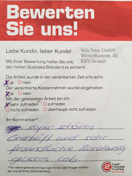 Ausgefüllte Kundenbewertung «Bewerten Sie uns!»
